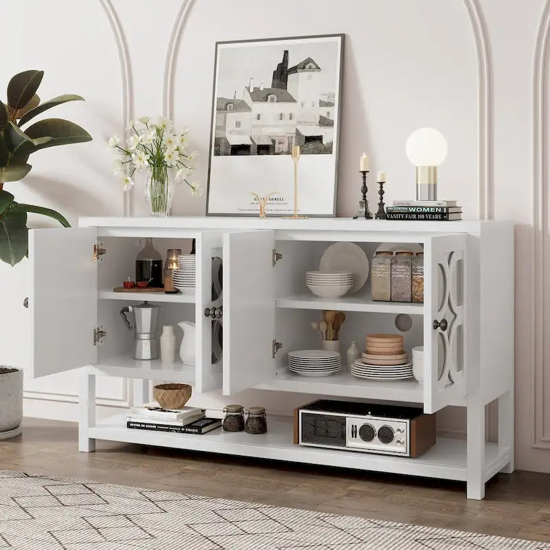 Console de table/Meuble de rangement/Buffet rétro élégant avec portes en miroir, étagères spacieuses et pieds durables en bois d'acacia