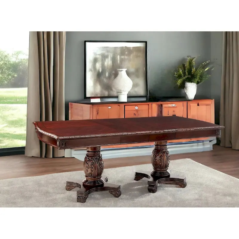 Table de salle à manger à double piédestal en bois massif et bois manufacturé, brun foncé, 96 po