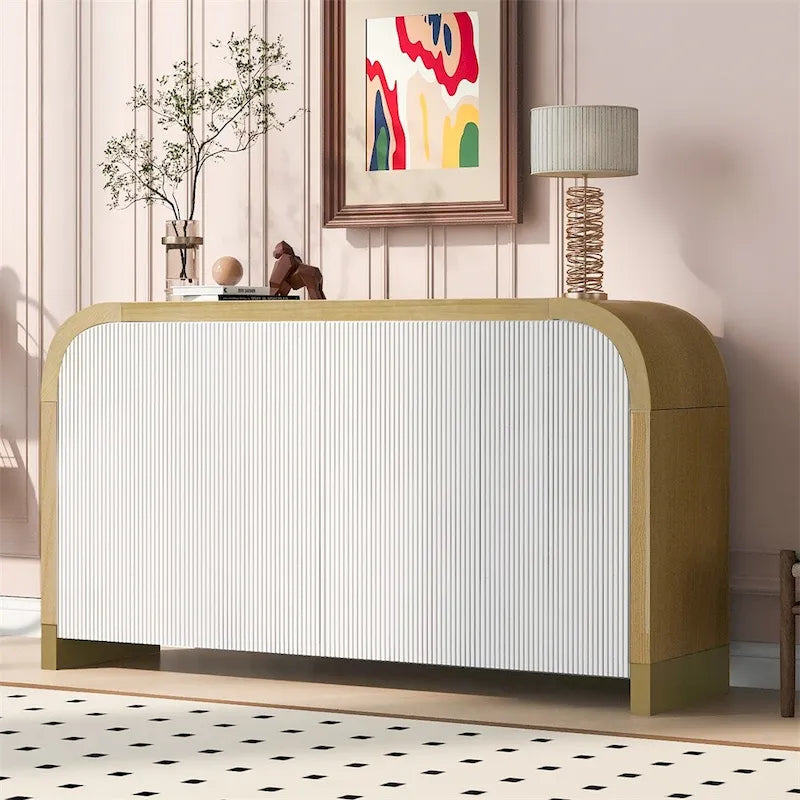 Meuble d'angle incurvé en bois avec étagères réglables et 4 portes