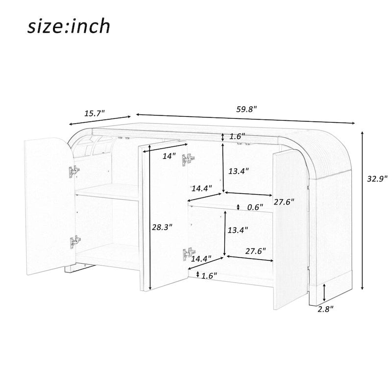 Meuble d'angle incurvé en bois avec étagères réglables et 4 portes