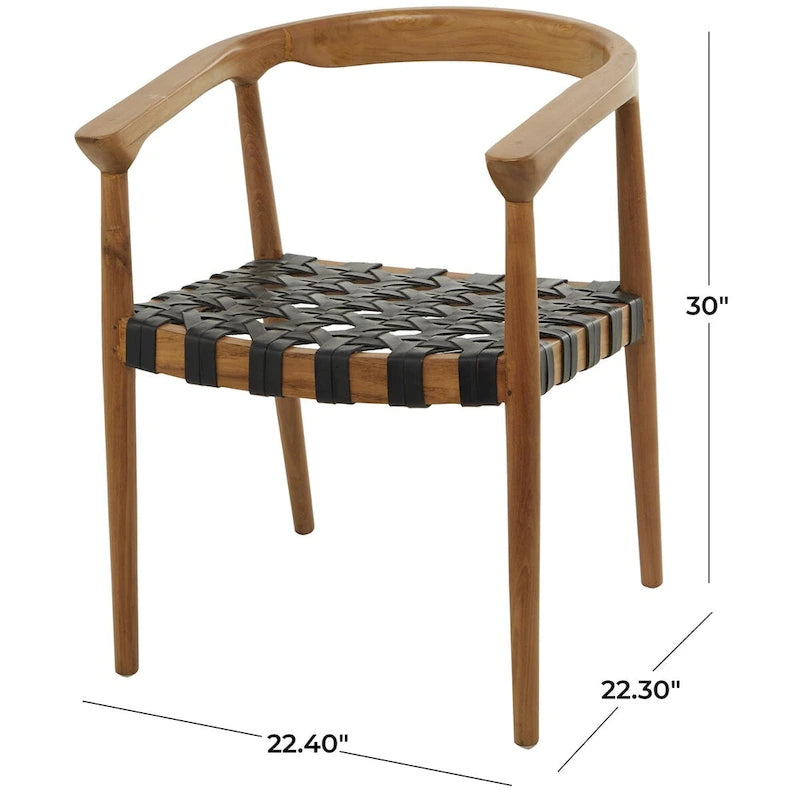 Chaise de salle à manger tressée à la main en bois de teck avec accoudoirs - Marron ou marron foncé - Roche River Decor