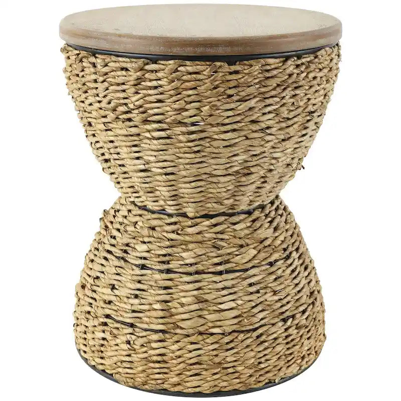 Table d'appoint en rotin tressé à la main avec plateau en bois et cadre noir – marron clair ou marron – Roche River Decor