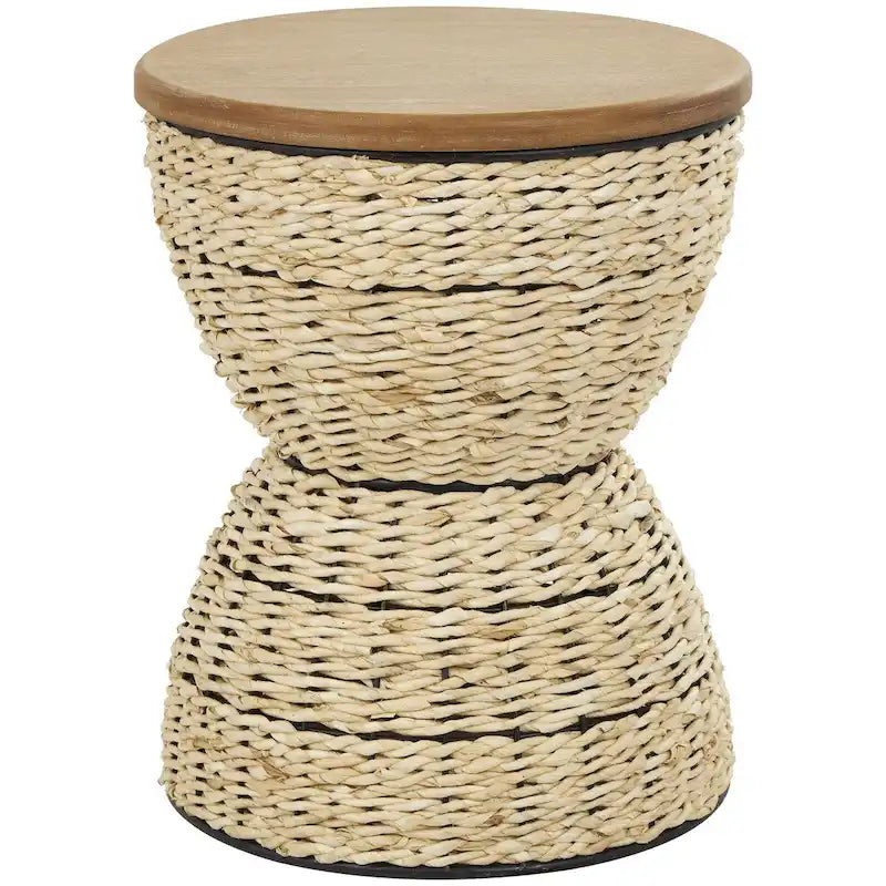 Table d'appoint en rotin tressé à la main avec plateau en bois et cadre noir – marron clair ou marron – Roche River Decor