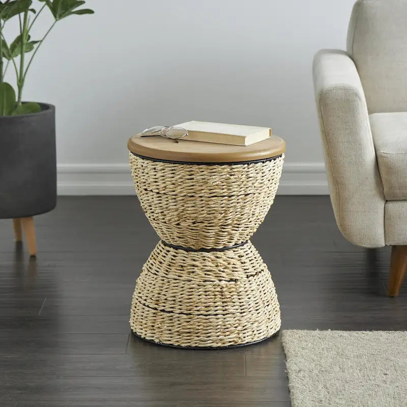 Table d'appoint en rotin tressé à la main avec plateau en bois et cadre noir – marron clair ou marron – Roche River Decor