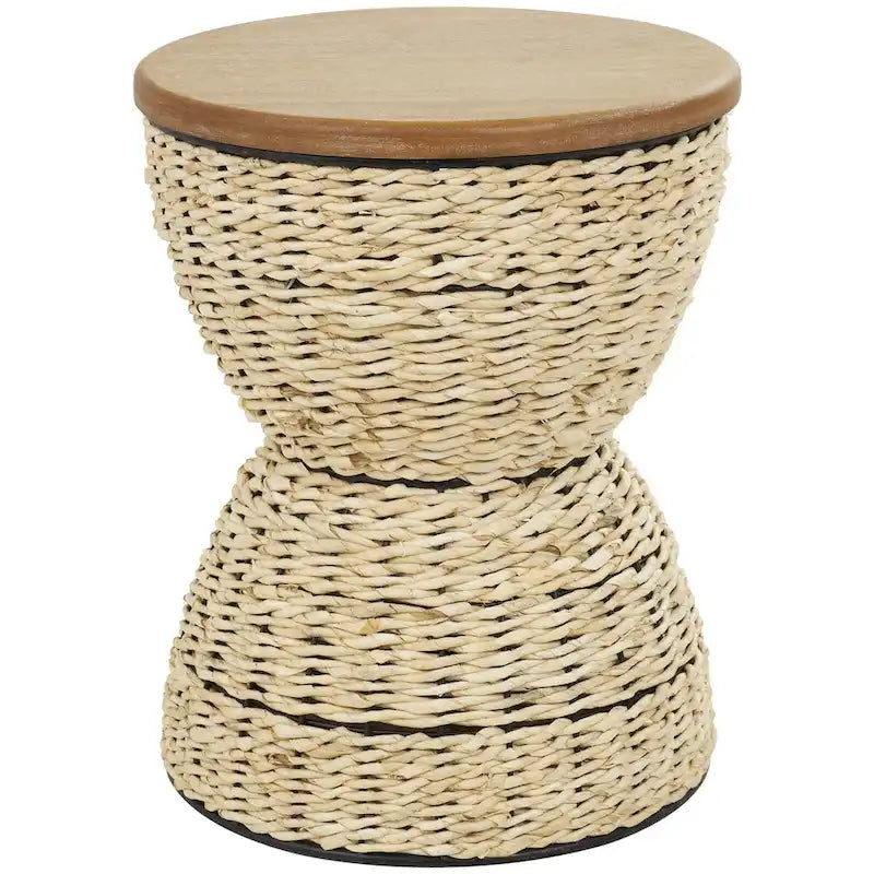 Table d'appoint en rotin tressé à la main avec plateau en bois et cadre noir – marron clair ou marron – Roche River Decor