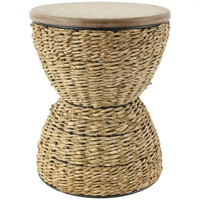 Table d'appoint en rotin tressé à la main avec plateau en bois et cadre noir – marron clair ou marron – Roche River Decor