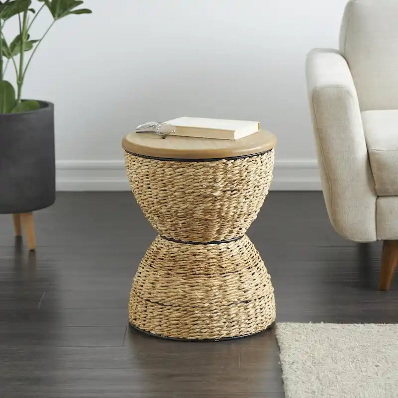 Table d'appoint en rotin tressé à la main avec plateau en bois et cadre noir – marron clair ou marron – Roche River Decor