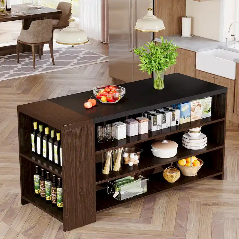 Îlot de cuisine tout en bois marron de 55 pouces avec rangement pour salle à manger