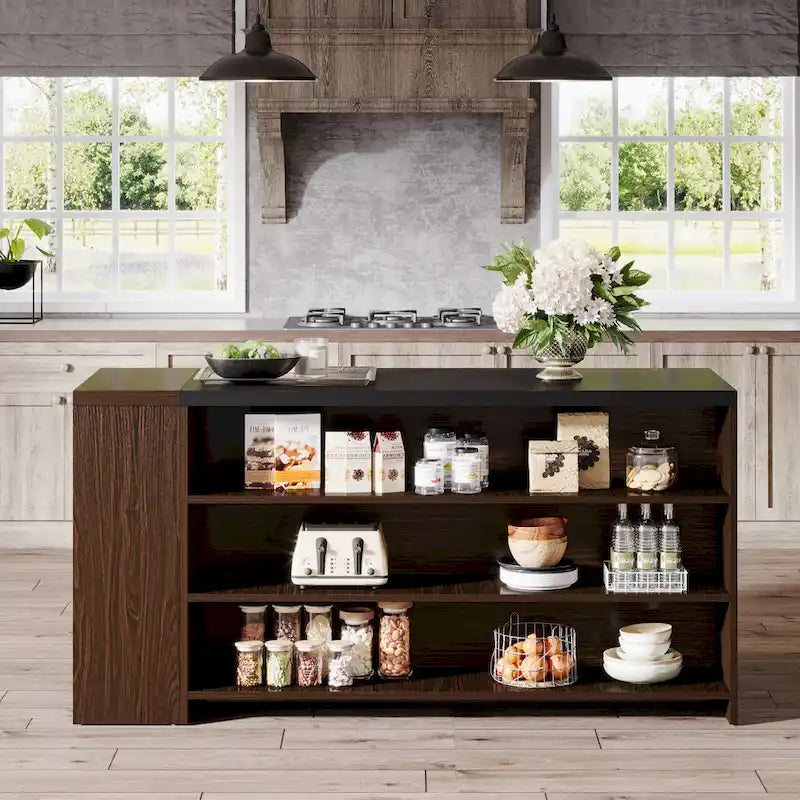Îlot de cuisine tout en bois marron de 55 pouces avec rangement pour salle à manger