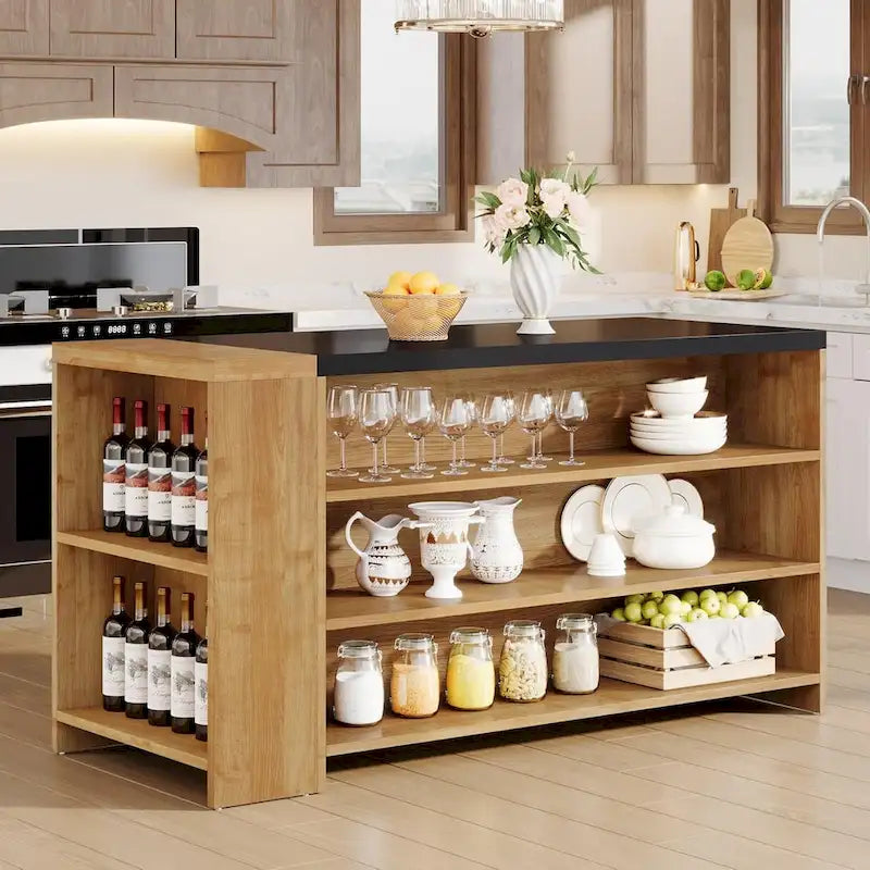 Îlot de cuisine tout en bois marron de 55 pouces avec rangement pour salle à manger