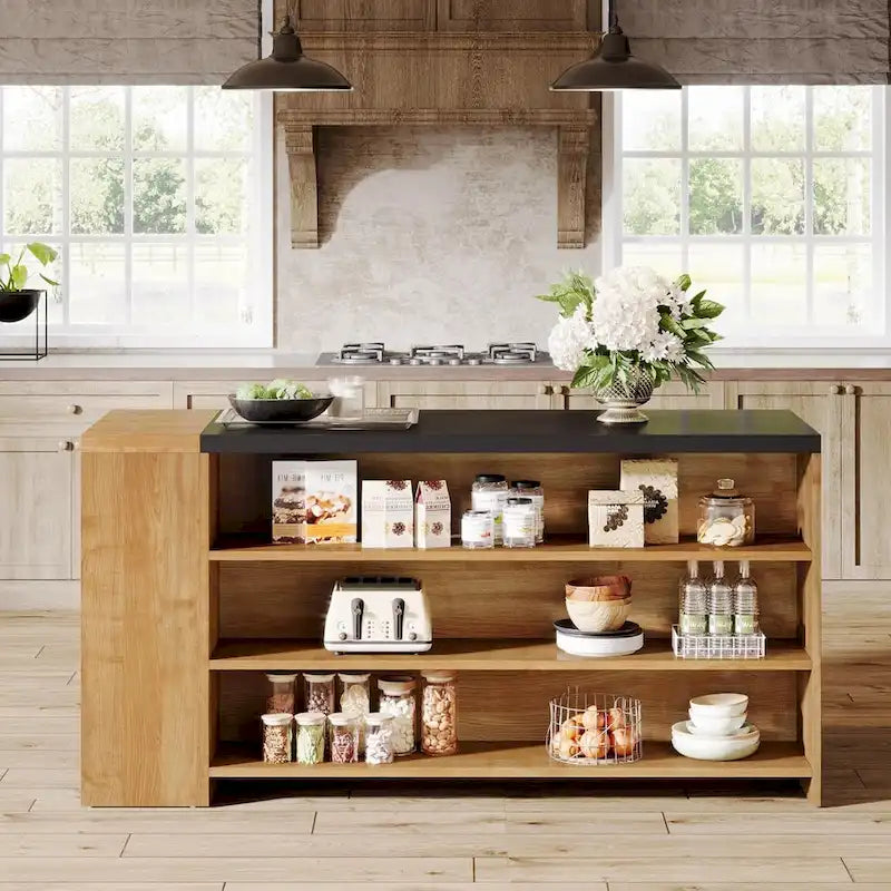 Îlot de cuisine tout en bois marron de 55 pouces avec rangement pour salle à manger