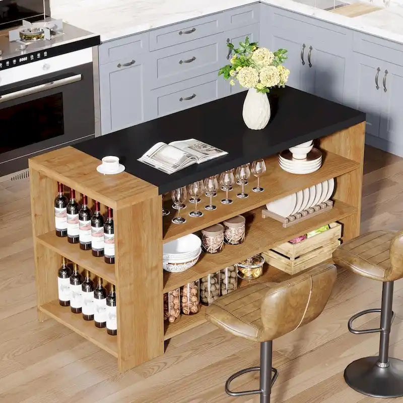 Îlot de cuisine tout en bois marron de 55 pouces avec rangement pour salle à manger