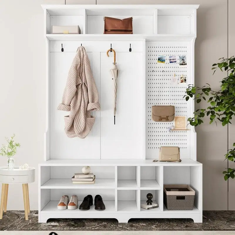 77.17H Meuble d'entrée avec banc à chaussures, porte-manteau, rangement à chaussures, étagères et panneau perforé