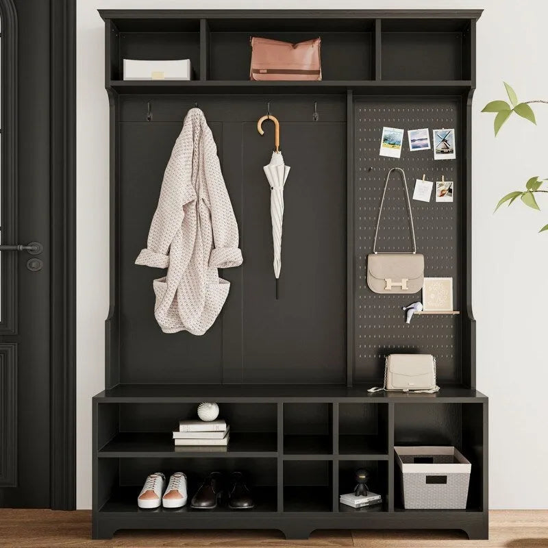 77.17H Meuble d'entrée avec banc à chaussures, porte-manteau, rangement à chaussures, étagères et panneau perforé