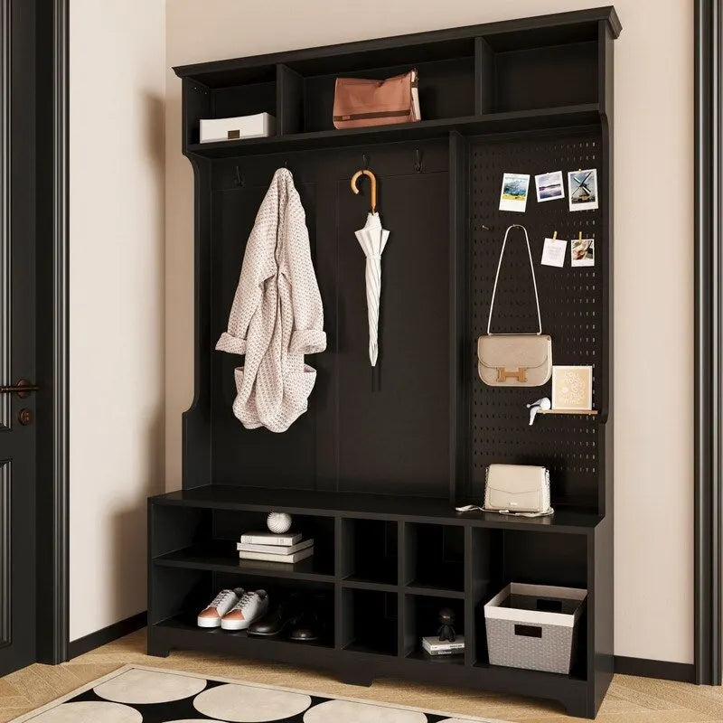 77.17H Meuble d'entrée avec banc à chaussures, porte-manteau, rangement à chaussures, étagères et panneau perforé