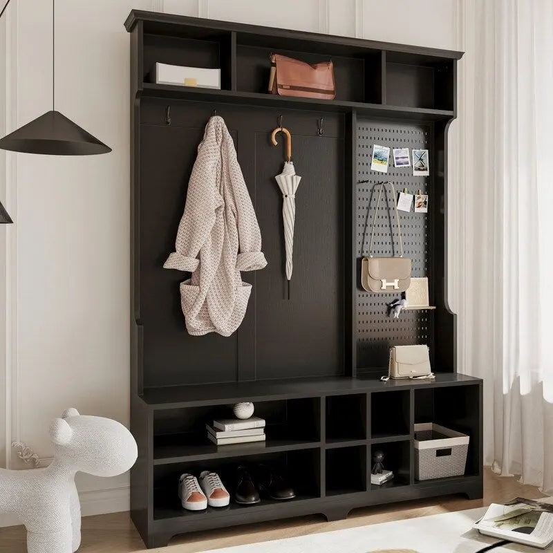 77.17H Meuble d'entrée avec banc à chaussures, porte-manteau, rangement à chaussures, étagères et panneau perforé