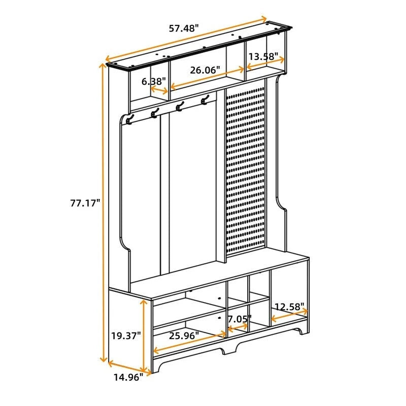 77.17H Meuble d'entrée avec banc à chaussures, porte-manteau, rangement à chaussures, étagères et panneau perforé