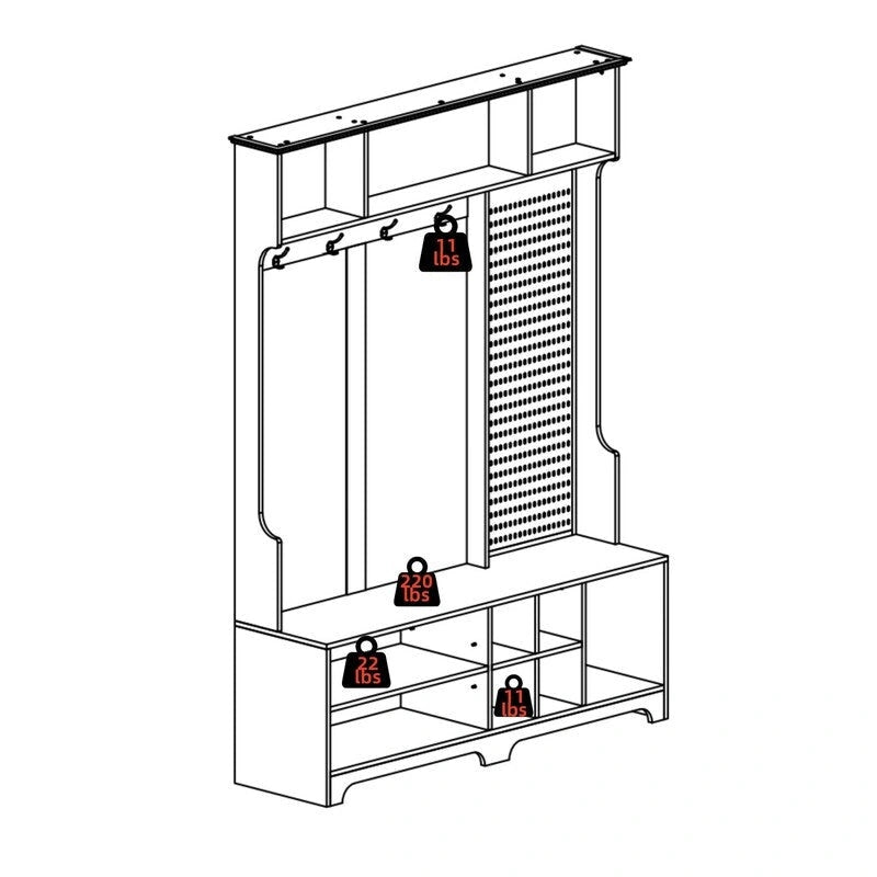 77.17H Meuble d'entrée avec banc à chaussures, porte-manteau, rangement à chaussures, étagères et panneau perforé