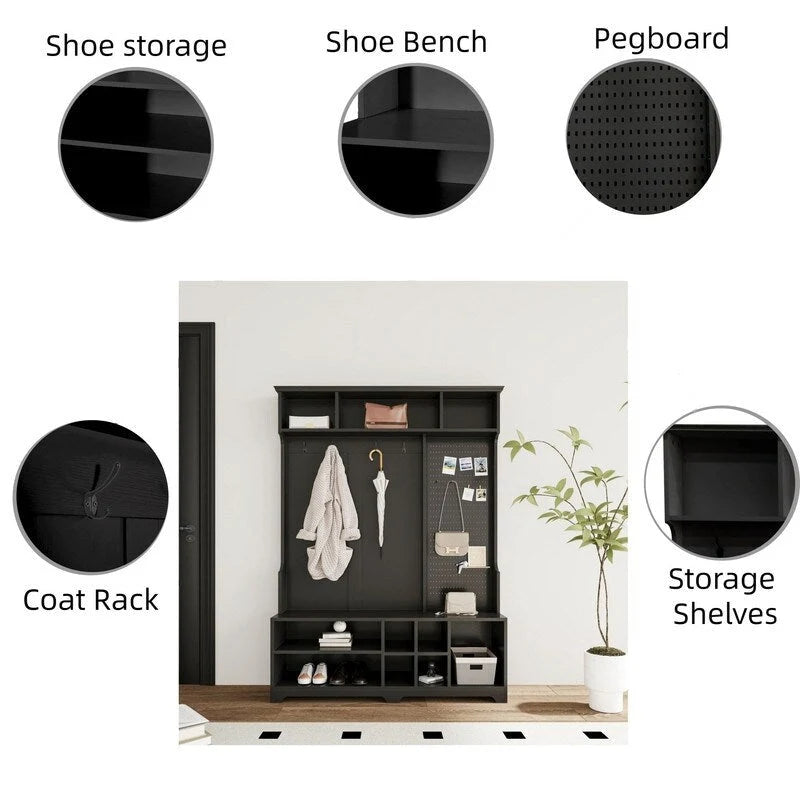 77.17H Meuble d'entrée avec banc à chaussures, porte-manteau, rangement à chaussures, étagères et panneau perforé