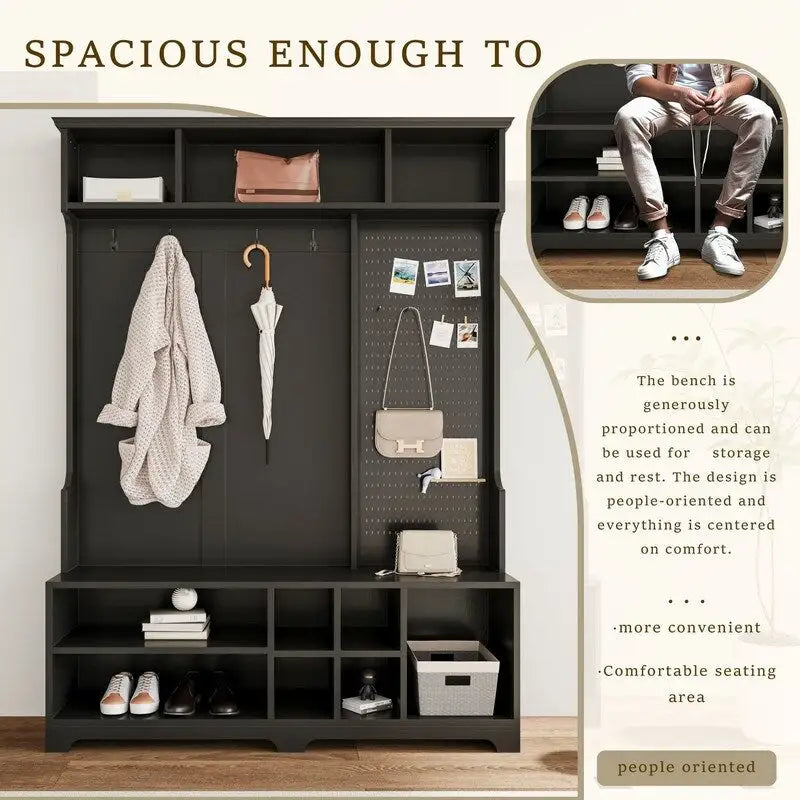 77.17H Meuble d'entrée avec banc à chaussures, porte-manteau, rangement à chaussures, étagères et panneau perforé