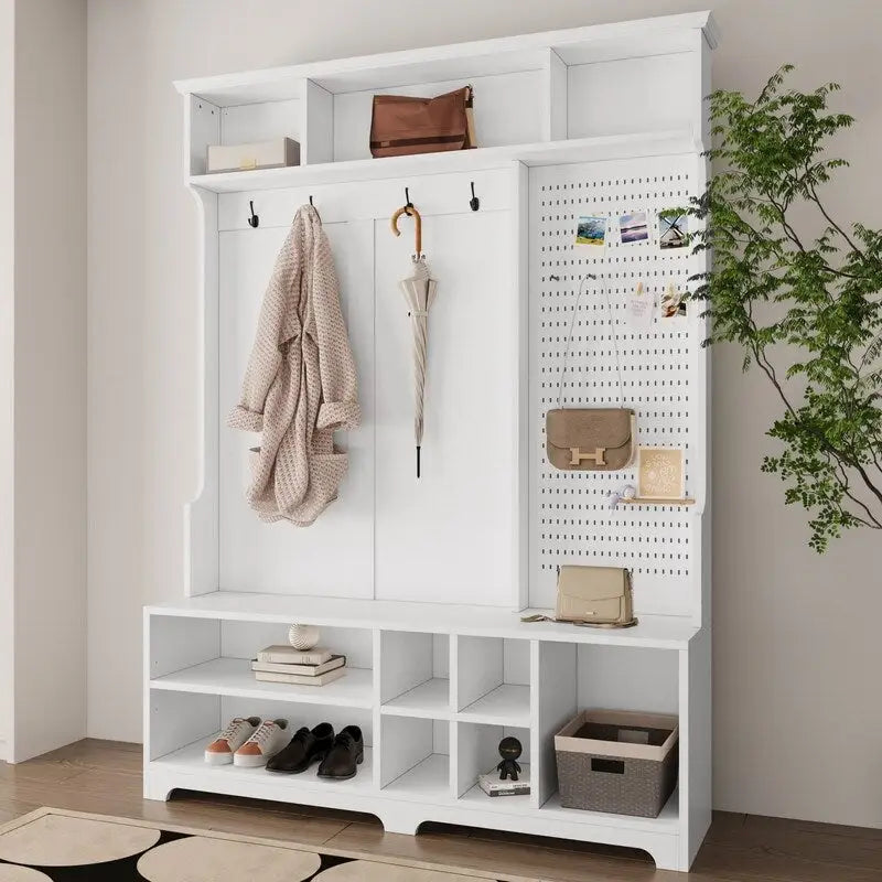 77.17H Meuble d'entrée avec banc à chaussures, porte-manteau, rangement à chaussures, étagères et panneau perforé