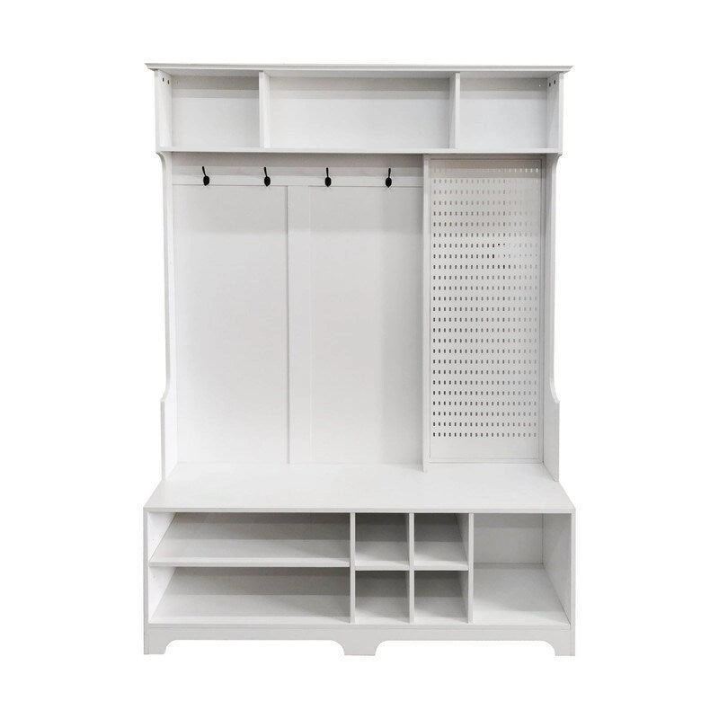 77.17H Meuble d'entrée avec banc à chaussures, porte-manteau, rangement à chaussures, étagères et panneau perforé