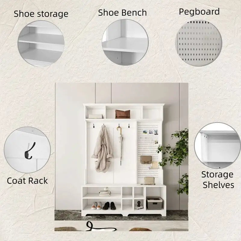 77.17H Meuble d'entrée avec banc à chaussures, porte-manteau, rangement à chaussures, étagères et panneau perforé