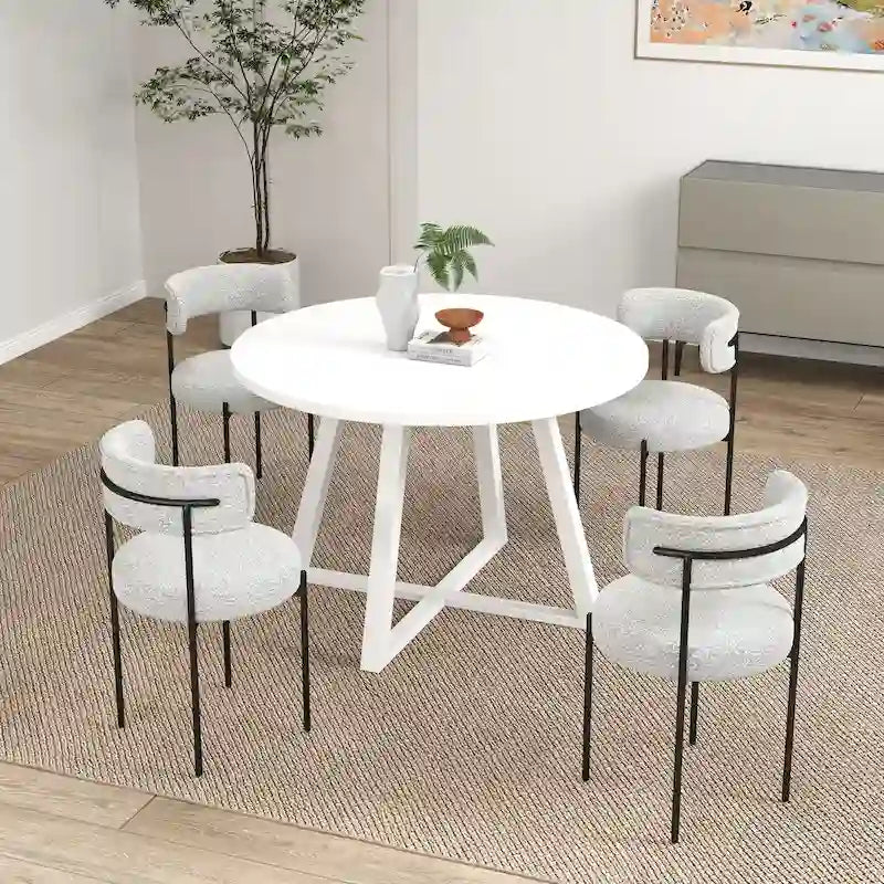 Ensemble de salle à manger rond 5 pièces Durban, table de salle à manger à tréteaux avec 4 chaises en bouclette pour coin petit-déjeuner, cuisine, salon