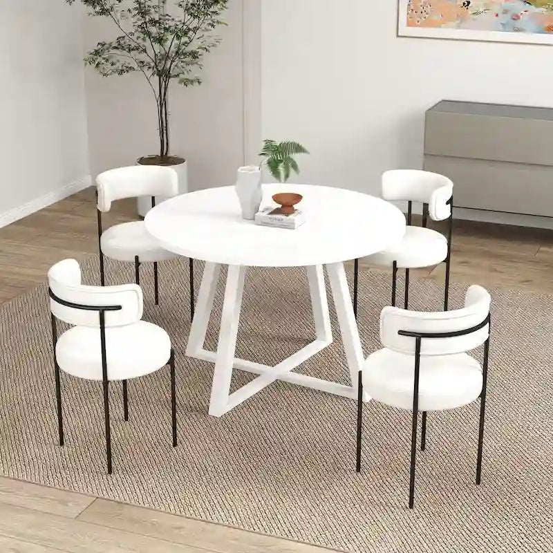 Ensemble de salle à manger rond 5 pièces Durban, table de salle à manger à tréteaux avec 4 chaises en bouclette pour coin petit-déjeuner, cuisine, salon