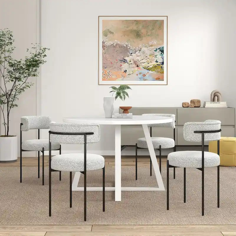 Ensemble de salle à manger rond 5 pièces Durban, table de salle à manger à tréteaux avec 4 chaises en bouclette pour coin petit-déjeuner, cuisine, salon