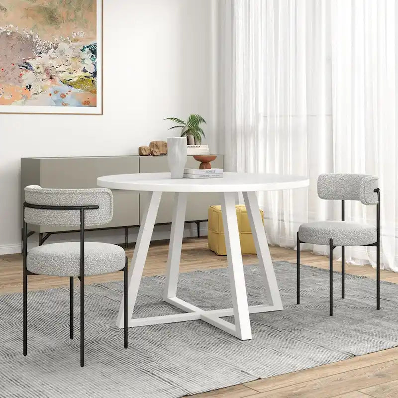 Ensemble de salle à manger rond 5 pièces Durban, table de salle à manger à tréteaux avec 4 chaises en bouclette pour coin petit-déjeuner, cuisine, salon