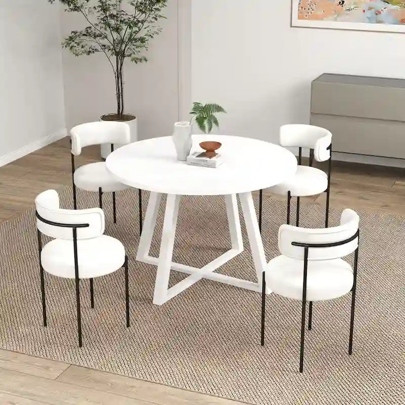 Ensemble de salle à manger rond 5 pièces Durban, table de salle à manger à tréteaux avec 4 chaises en bouclette pour coin petit-déjeuner, cuisine, salon