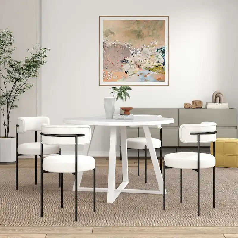 Ensemble de salle à manger rond 5 pièces Durban, table de salle à manger à tréteaux avec 4 chaises en bouclette pour coin petit-déjeuner, cuisine, salon