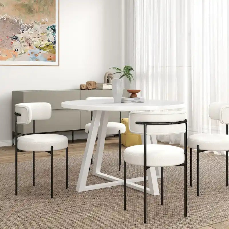Ensemble de salle à manger rond 5 pièces Durban, table de salle à manger à tréteaux avec 4 chaises en bouclette pour coin petit-déjeuner, cuisine, salon