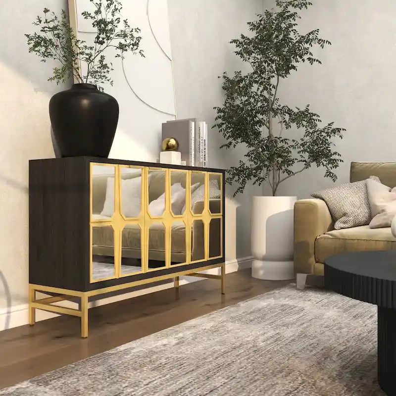 Meuble bas en bois avec façade miroir - Doré ou Noir - Roche River Decor