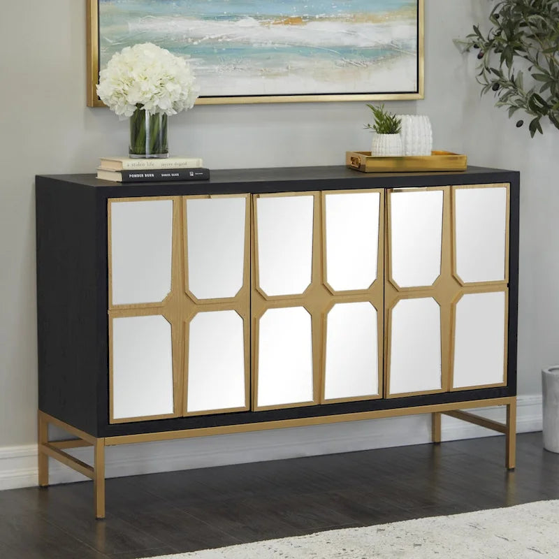 Meuble bas en bois avec façade miroir - Doré ou Noir - Roche River Decor