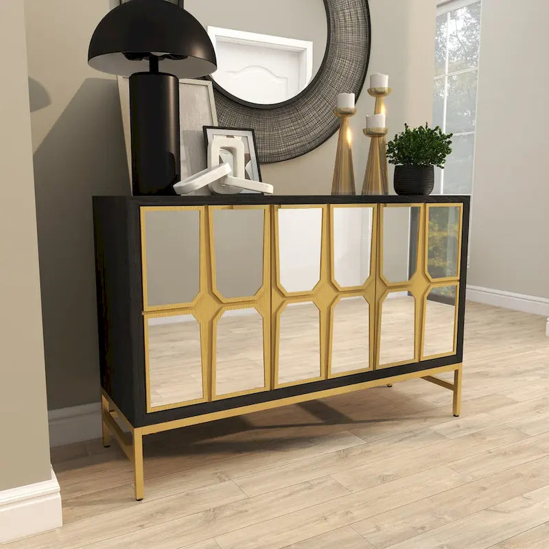 Meuble bas en bois avec façade miroir - Doré ou Noir - Roche River Decor