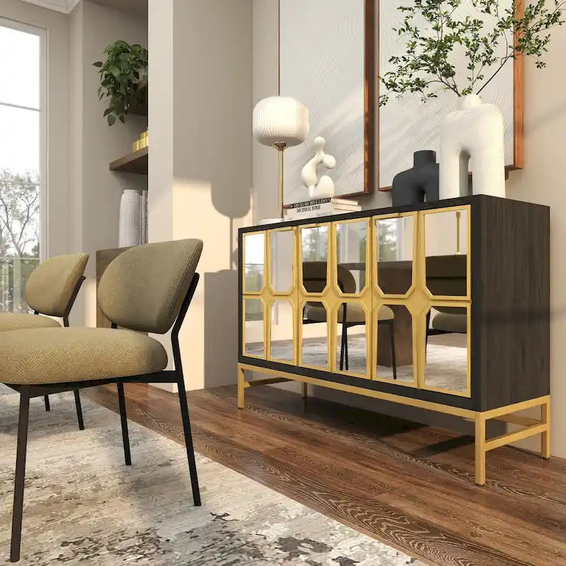Meuble bas en bois avec façade miroir - Doré ou Noir - Roche River Decor