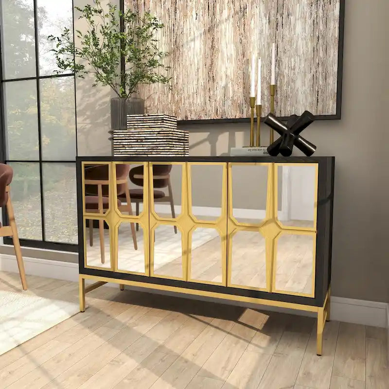 Meuble bas en bois avec façade miroir - Doré ou Noir - Roche River Decor