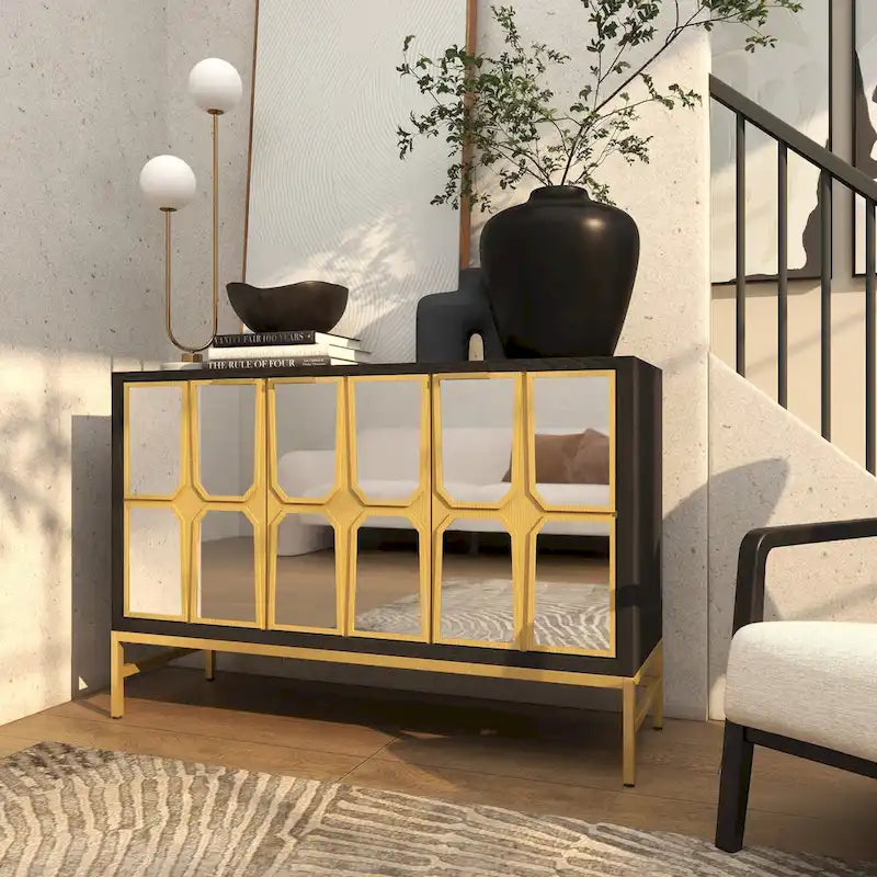 Meuble bas en bois avec façade miroir - Doré ou Noir - Roche River Decor