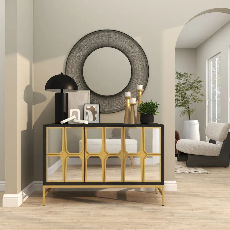 Meuble bas en bois avec façade miroir - Doré ou Noir - Roche River Decor