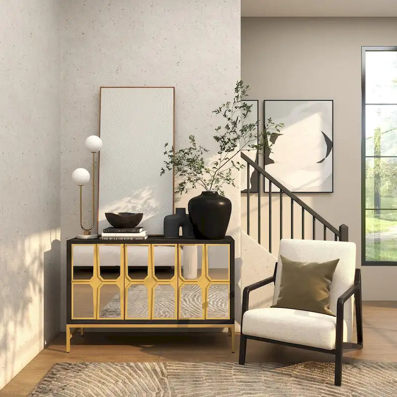 Meuble bas en bois avec façade miroir - Doré ou Noir - Roche River Decor