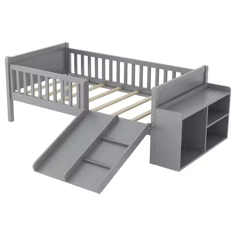 Lit superposé simple Whisen pour enfant avec toboggan, étagère de rangement mobile, balustrades, cadre de lit mezzanine bas