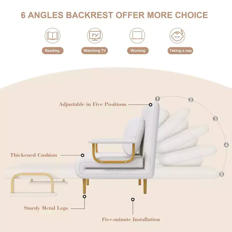 Canapé-lit pliant 3-en-1 convertible en fauteuil - Dossier réglable sur 5 positions avec oreiller, lit d'appoint peu encombrant pour salon, chambre et bureau (Blanc)