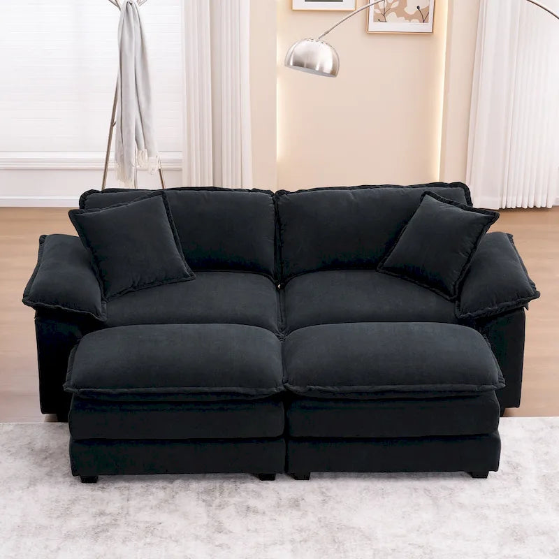 Canapé 2 places avec 2 coussins de siège, 2 oreillers et 2 poufs, canapé confortable - Canapé profond de salon, canapé modulable