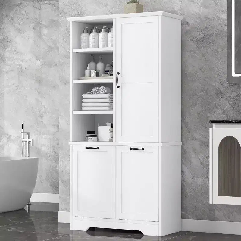 Meuble de rangement de salle de bain avec portes et tiroirs, panier à linge inclinable, plusieurs espaces de rangement, style autoportant