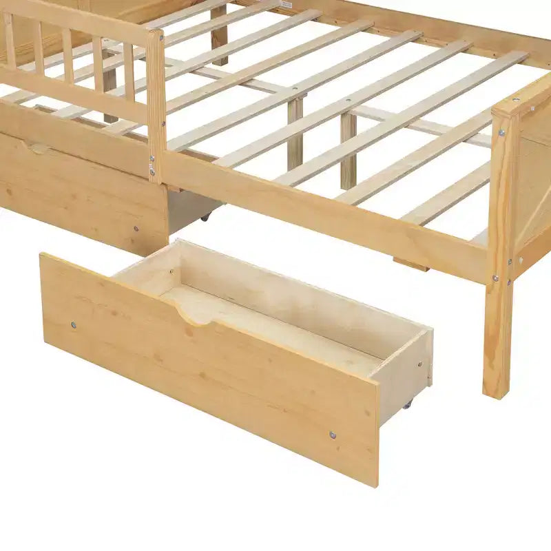 Cadre de lit maison pleine grandeur avec tiroirs, lit plate-forme maison avec lumières LED, étagères de rangement et tiroirs, lit de repos en bois avec toit et garde-corps