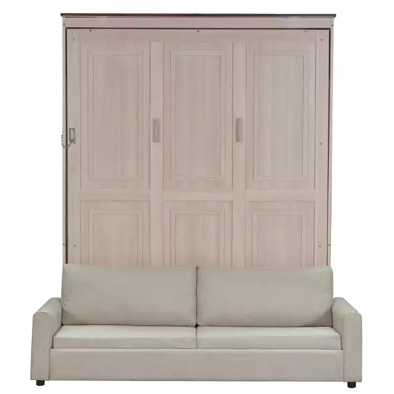 Lit escamotable Queen Size avec canapé, Lit escamotable Queen Size en bois avec éclairage LED, Lit escamotable pliant avec coffre pour chambre d'amis, Beige