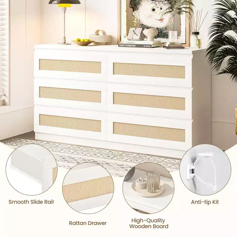 Commode en rotin pour chambre à coucher avec 6 tiroirs, 47 commode large moderne de style ferme, armoire de rangement en bois pour placard, salon, couloir