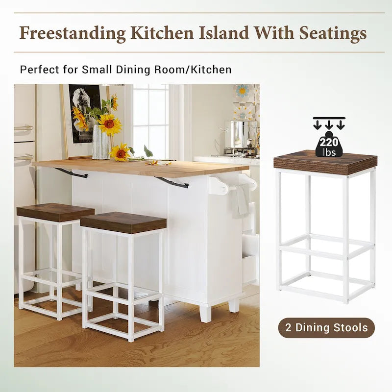 Ensemble d'îlot de cuisine TOPMAX avec abattant et 2 tabourets, ensemble de table à manger avec étagère réglable, tiroirs et porte-serviettes